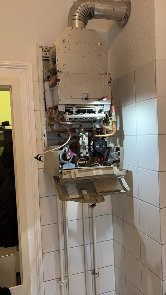 Offener Brennwertkessel mit sichtbarer Hydraulik und Umwälzpumpe